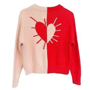 Colorblock Heart V-Neck Sweater - Red and Cream